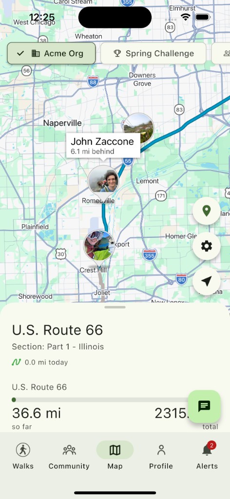 Map view showing individual members progressing along U.S. Route 66